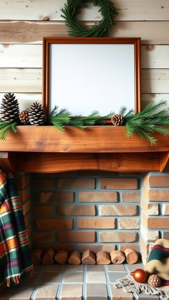 A rustic mantel decorated with pinecones, greenery, and a blank frame.