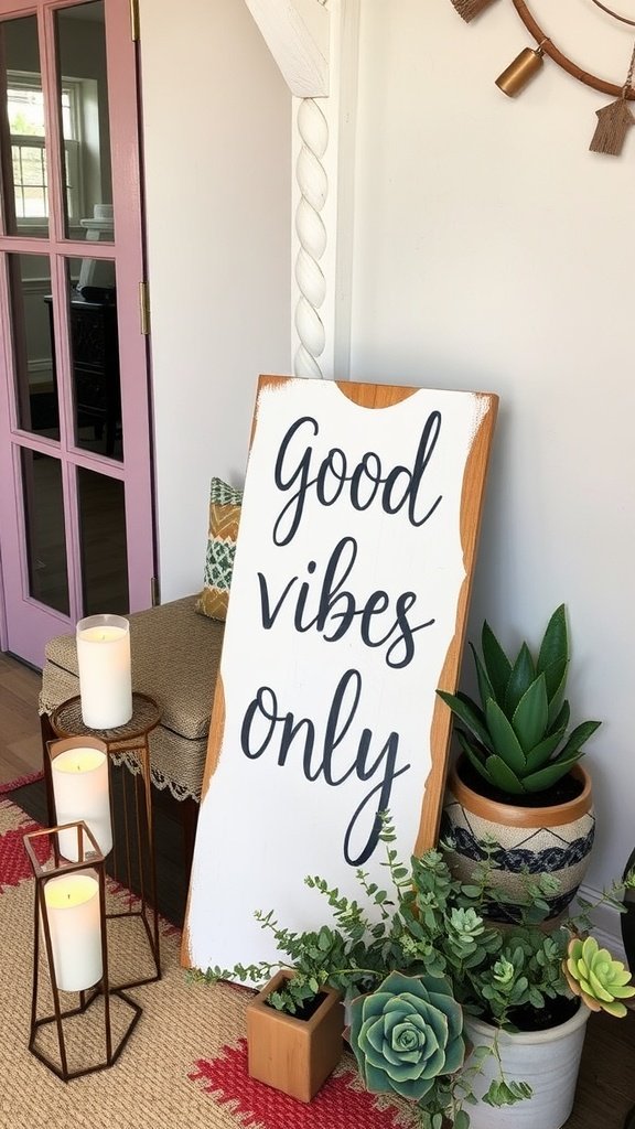A rustic wooden sign that says 'Good Vibes Only' surrounded by plants and candles.