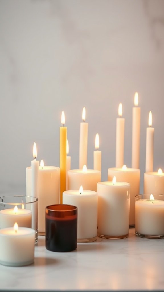 Assorted scented candles lit and arranged on a surface