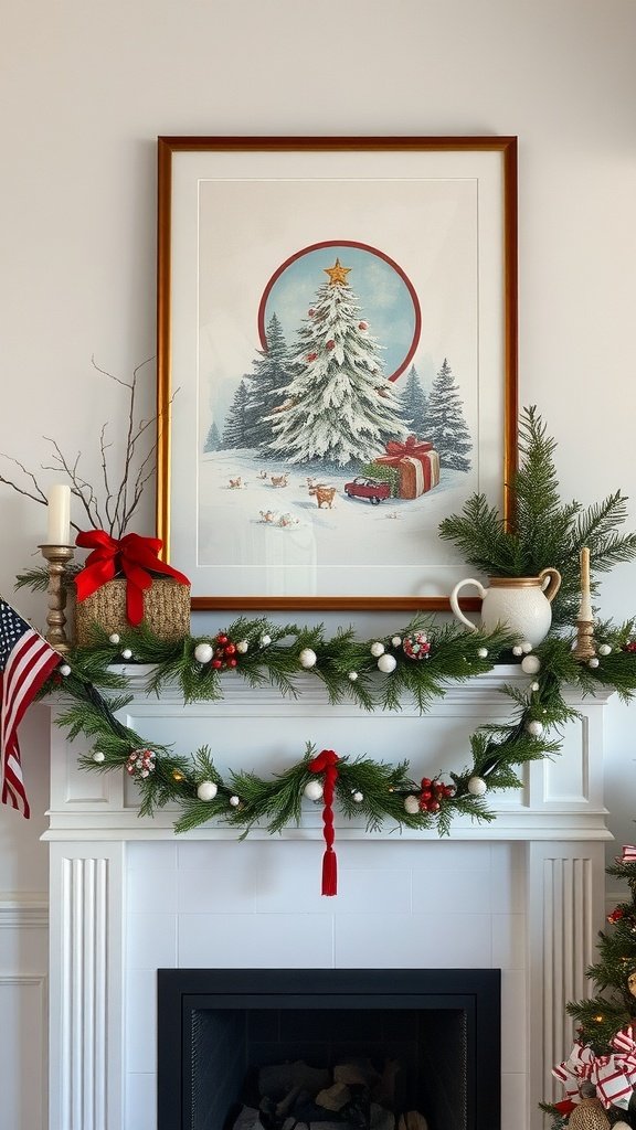 A cozy winter mantel decorated with seasonal artwork and festive garland.