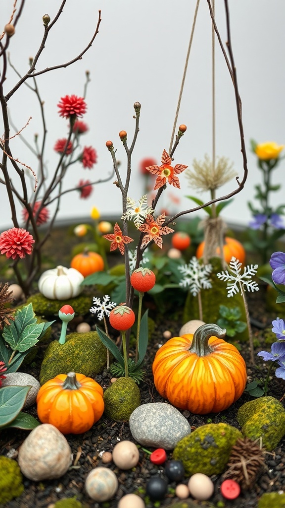 A vibrant fairy garden featuring seasonal decor with pumpkins, flowers, and snowflakes.