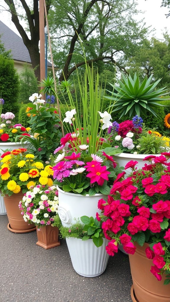 Colorful flower planters in various shapes and sizes, showcasing seasonal blooms.