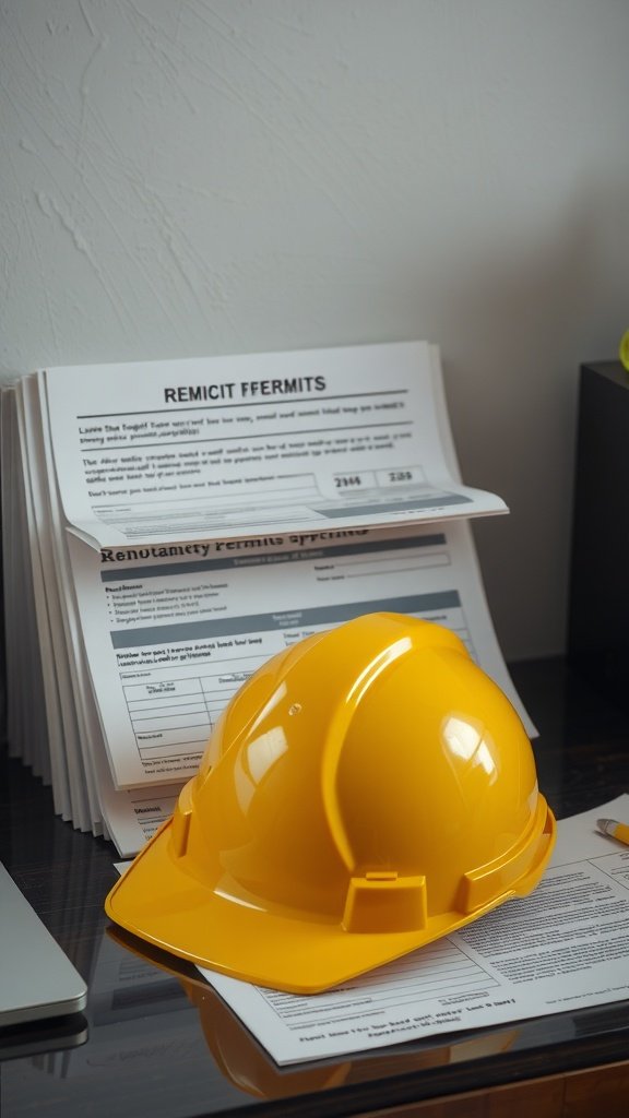A yellow hard hat on top of renovation permit papers.