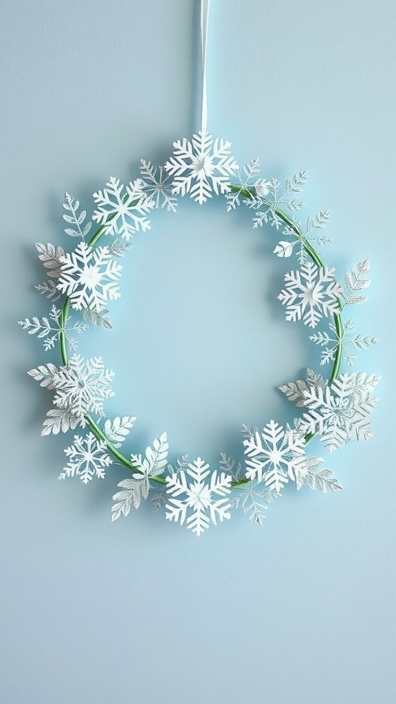 A decorative wreath made of white paper snowflakes and green leaves, hanging on a light blue wall.