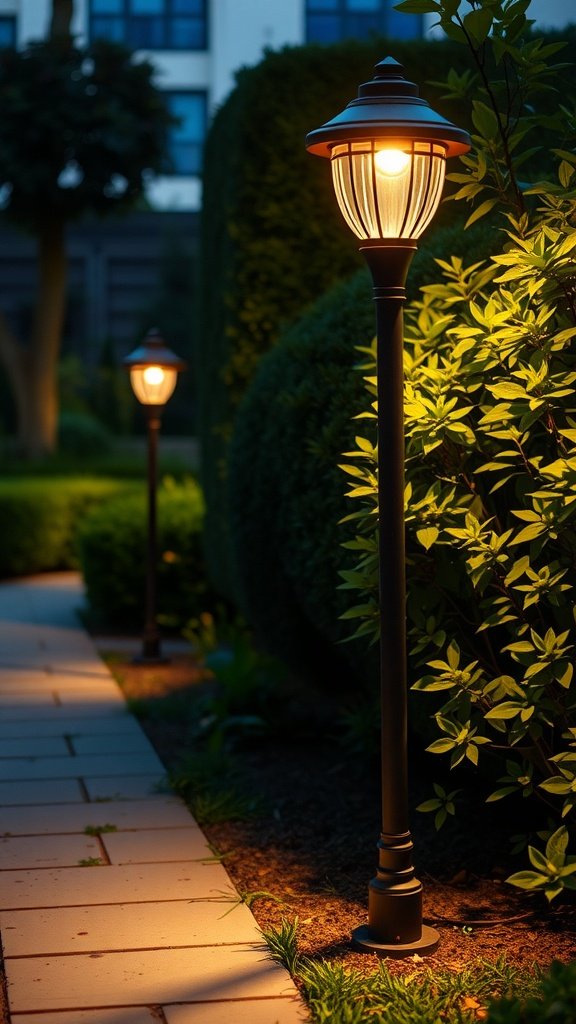 Two solar-powered garden lights illuminating a pathway surrounded by green bushes.