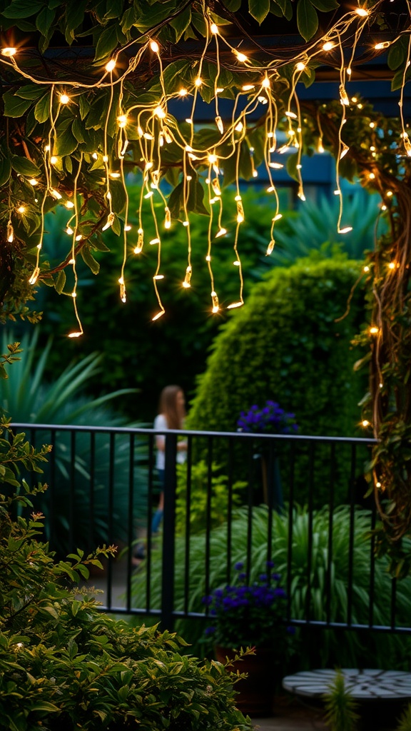 A close-up of warm fairy lights hanging among greenery in a garden.