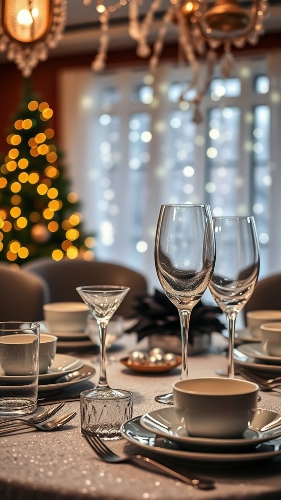 A beautifully set table with sparkly tableware, featuring glasses, plates, and a festive atmosphere.