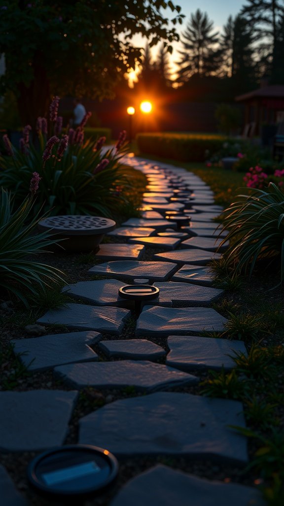 A pathway with stone slabs and lit step stone lights, surrounded by greenery and flowers during sunset.