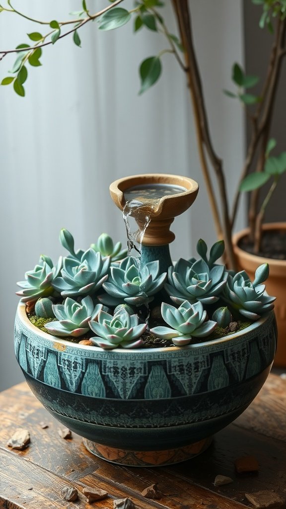 A decorative bowl fountain filled with succulents and water flowing from the top.