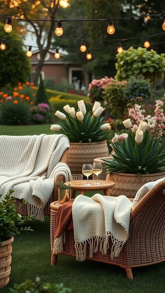 A cozy garden lounge setup with string lights, comfortable seating, and colorful flowers.
