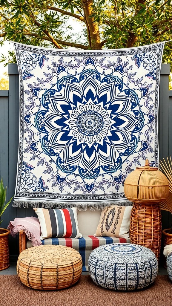 A beautiful tapestry featuring a mandala design, hung on a wall surrounded by boho-chic outdoor decor.