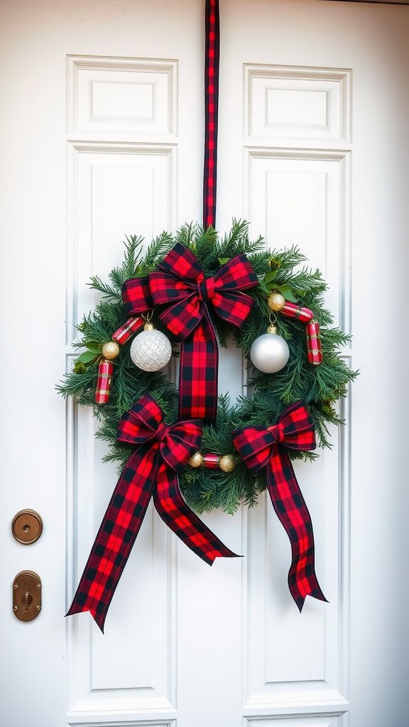A tartan ribbon wreath with red and black patterns, adorned with ornaments, hanging on a white door.
