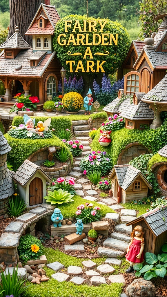 A vibrant fairy garden with miniature houses, flowers, and figurines.