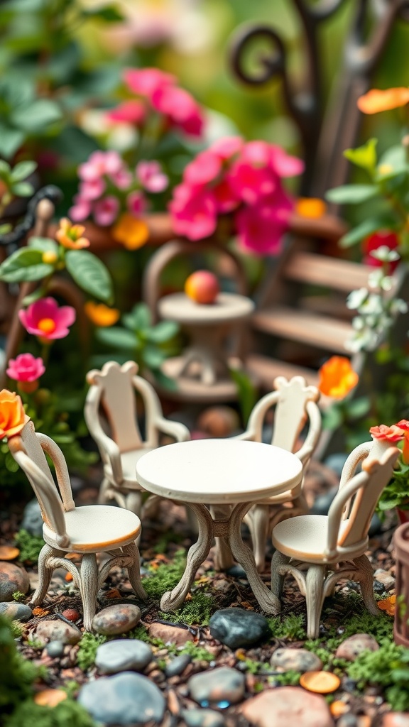 Miniature garden furniture set with a small table and four chairs surrounded by flowers and stones.