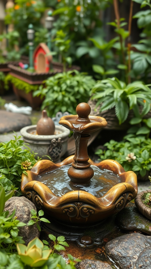 A charming small fountain in a fairy garden surrounded by lush greenery.