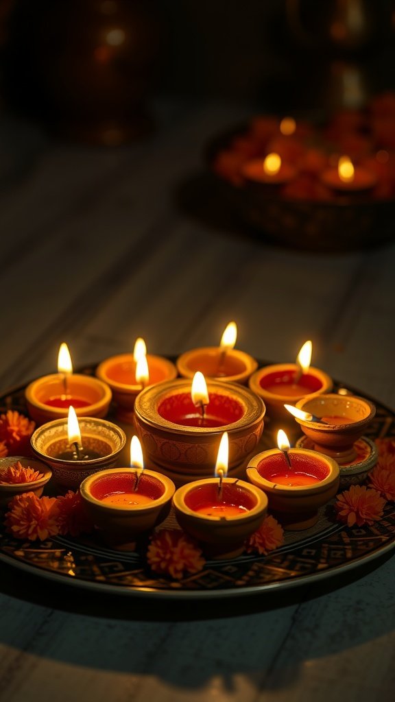 A decorative arrangement of traditional diyas with candles and marigold flowers.