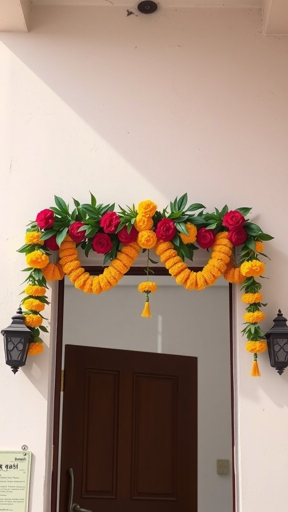 A colorful traditional toran made of marigold flowers and roses adorning a doorway.