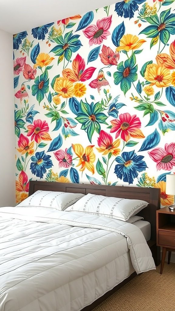 Colorful floral removable wallpaper in a modern bedroom setting