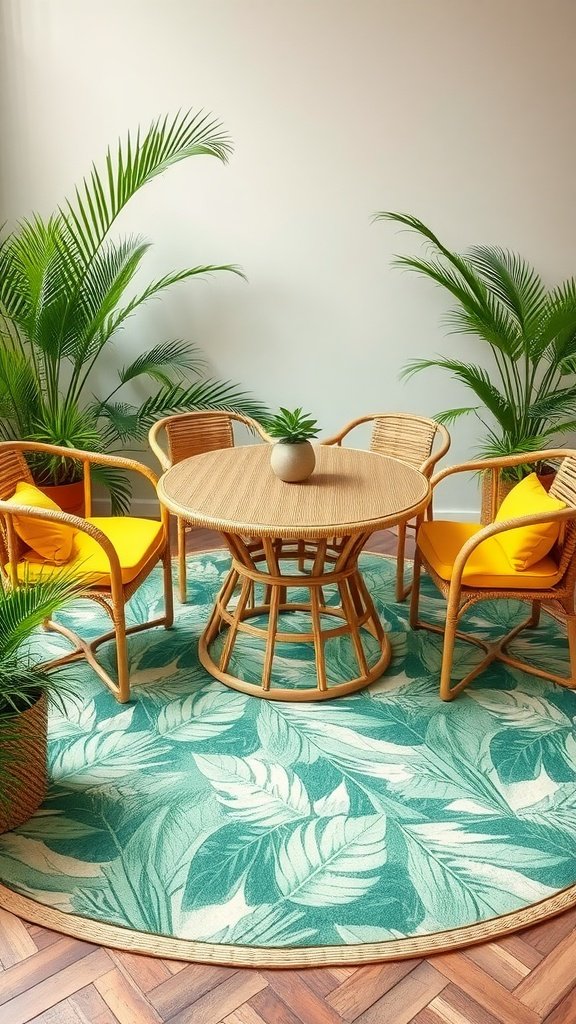 A cozy patio setup featuring a tropical print rug, rattan furniture, and potted plants.