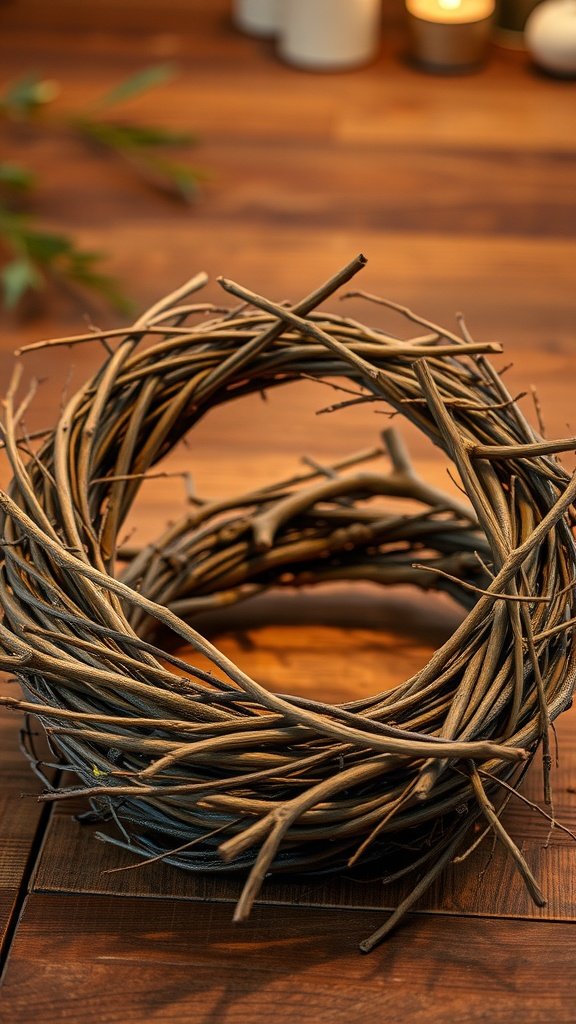 A twisted branch wreath on a wooden surface with candles in the background.