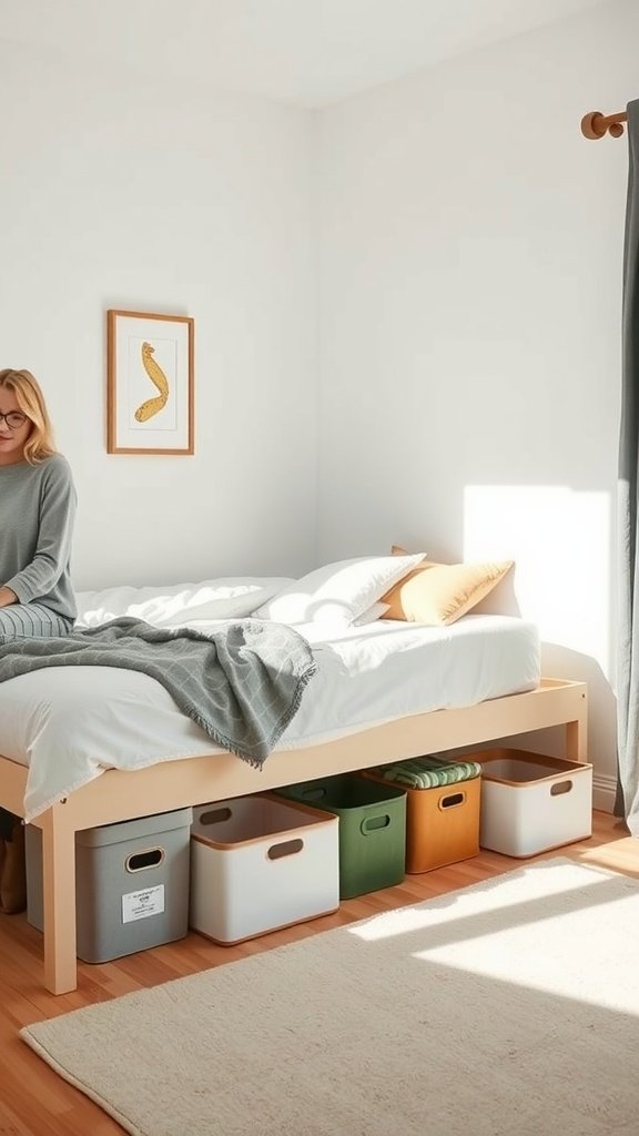 A cozy bedroom with a bed featuring colorful storage bins underneath.