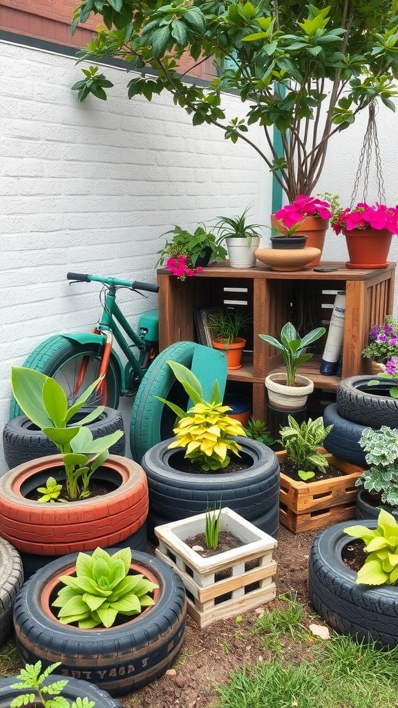 Colorful upcycled garden decor featuring tire planters and wooden crates.