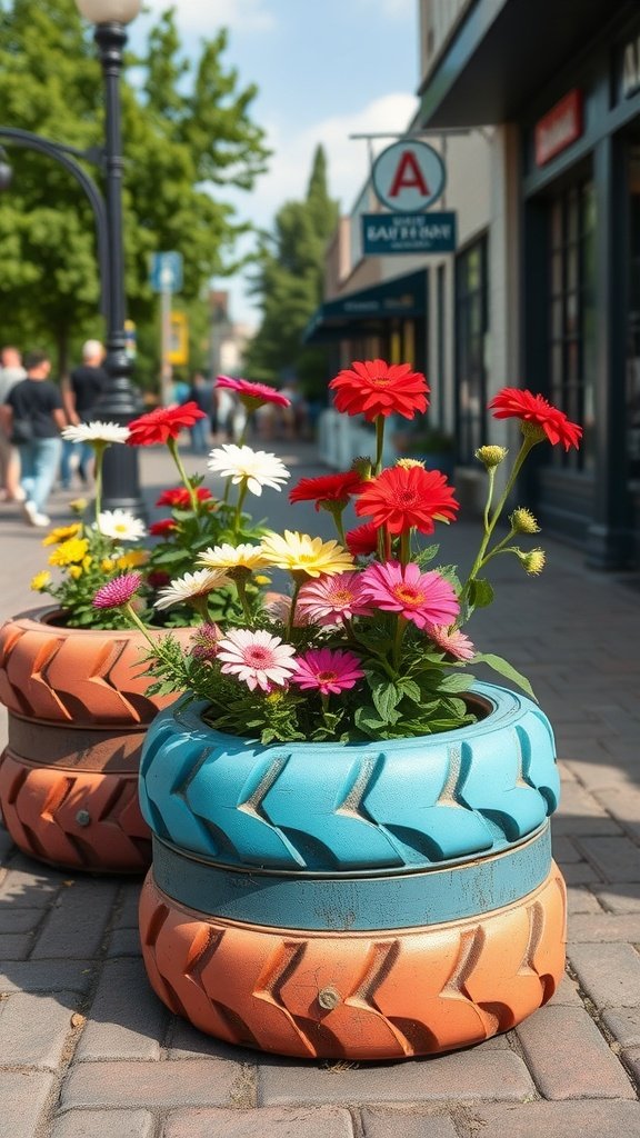 Colorful upcycled tire planters with flowers in a vibrant outdoor setting.