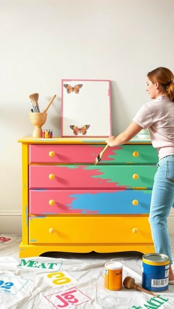 A person painting a colorful dresser with various paint colors.