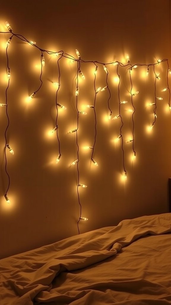 String lights hanging on a wall above a bed.