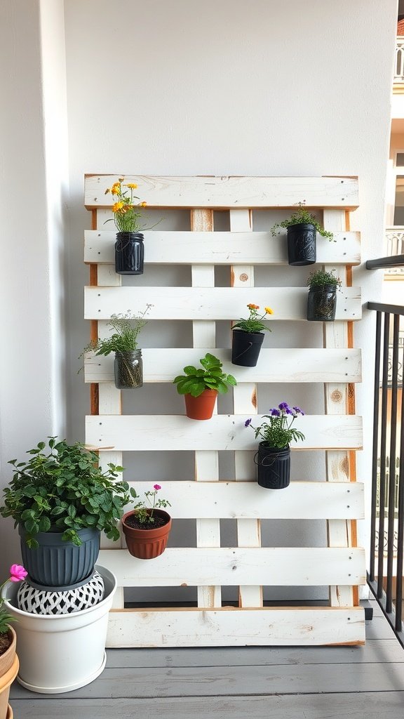 Vertical wooden pallet garden with various potted plants.