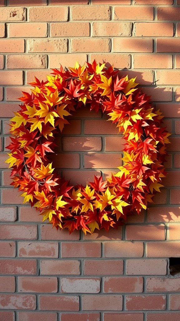 A colorful wreath made of red and yellow maple leaves hanging on a brick wall.