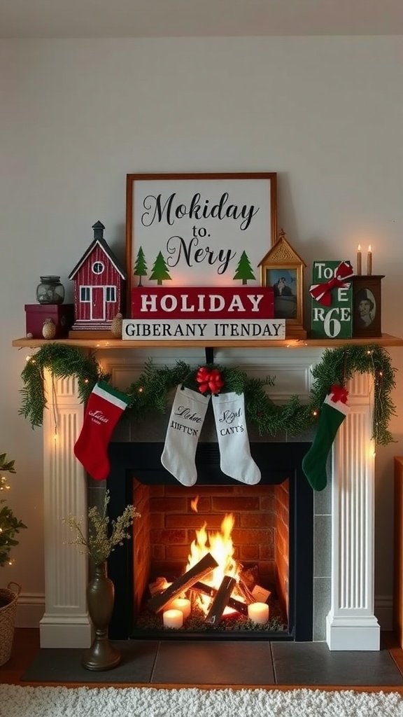 A cozy winter mantel with vintage holiday signs, stockings, and a warm fire.