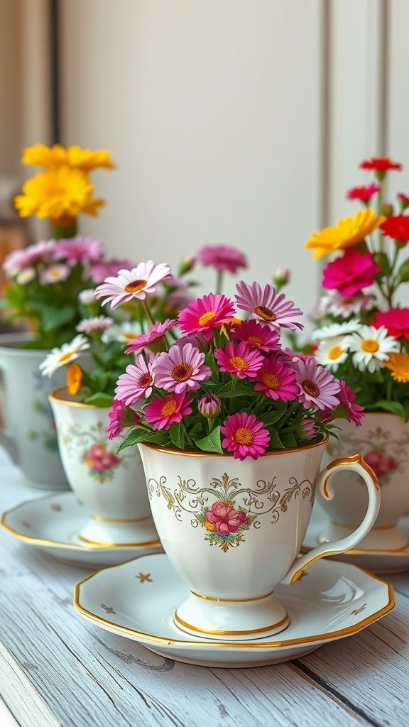 A collection of vintage tea cups filled with colorful flowers, displayed on a wooden surface.