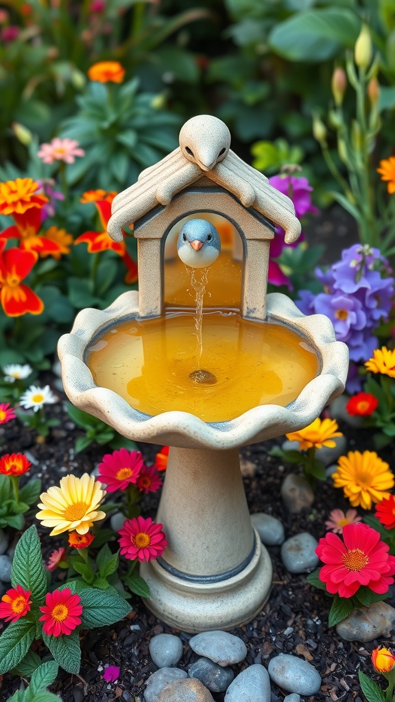 A whimsical bird bath featuring a bird perched on a roof and another bird in the water, surrounded by colorful flowers.