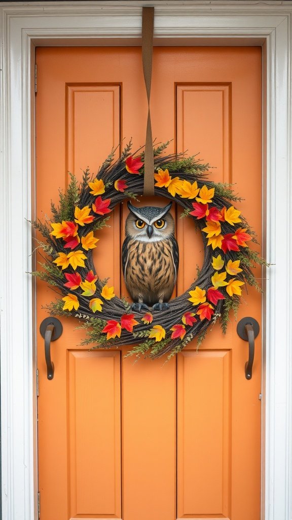 A decorative wreath featuring a painted owl surrounded by colorful autumn leaves on a bright orange door.