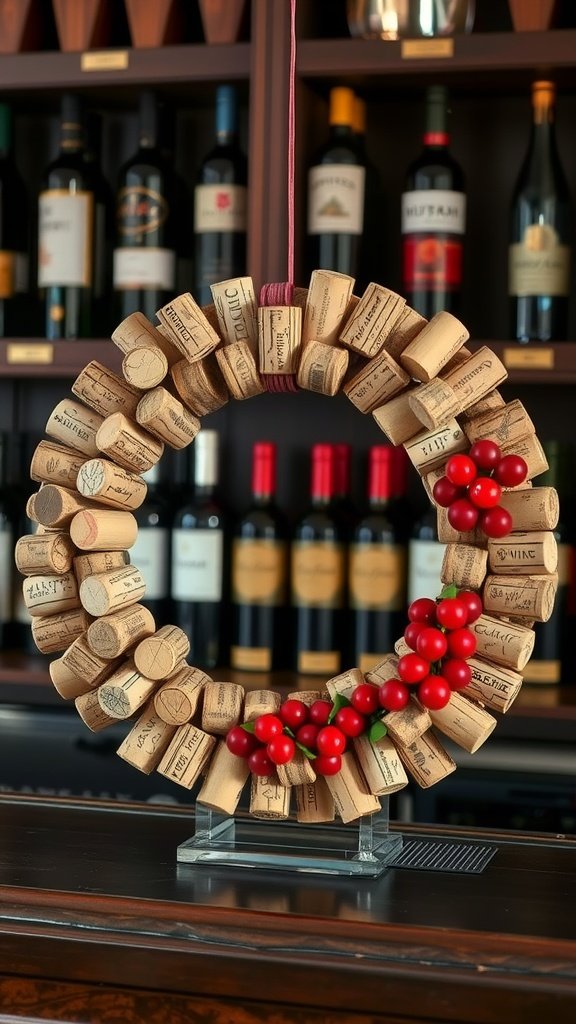 A wreath made of wine corks and red berries hanging in front of a wine rack.