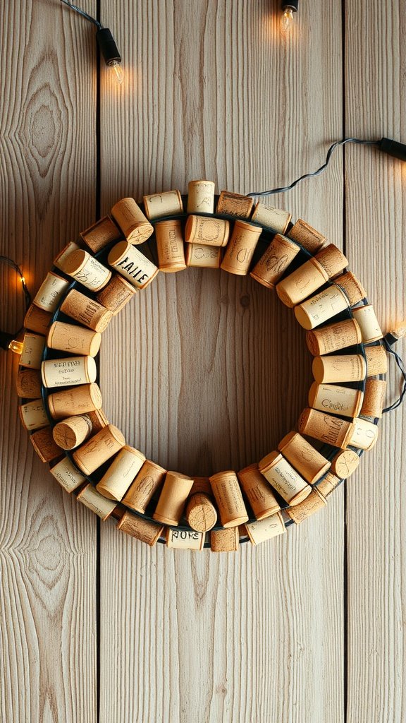 A wreath made of wine corks, displayed on a wooden surface with string lights.