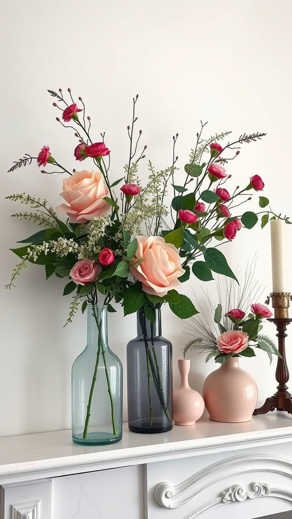 A beautiful winter floral arrangement with pink roses and other flowers in glass vases.