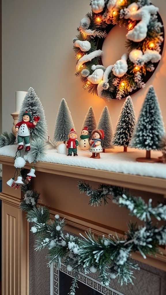 A decorated winter mantel featuring snow-covered trees, snowmen, and a lit wreath.