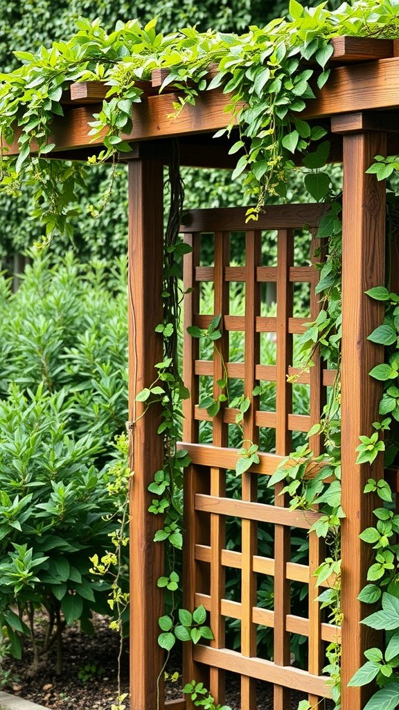 Wooden trellis with climbing plants