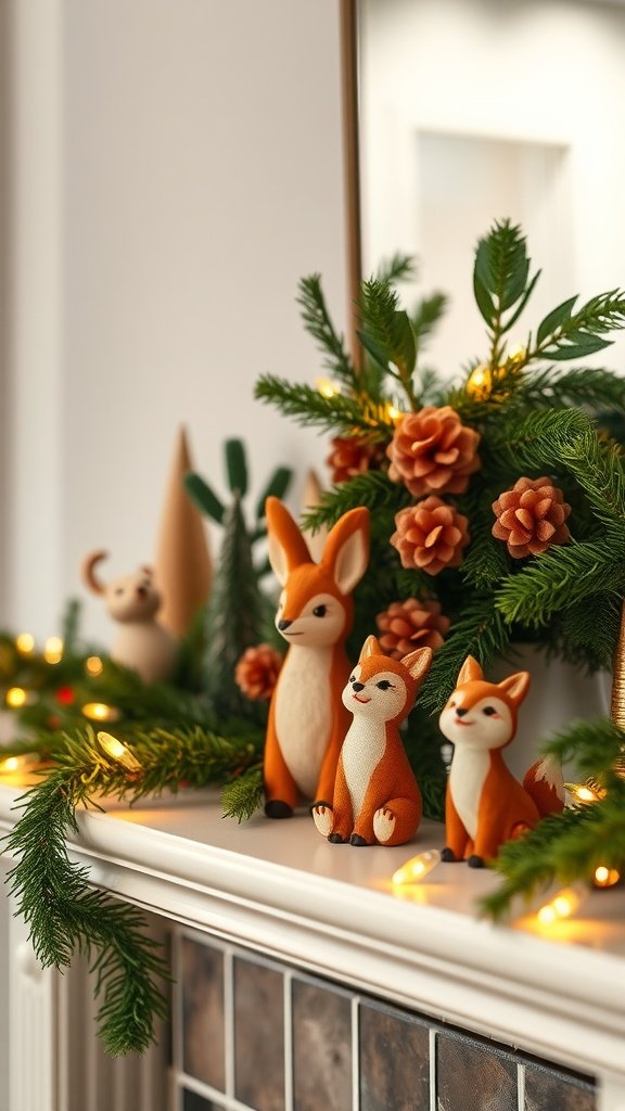 Woodland creature accents on a mantel with foxes, pinecones, and greenery.