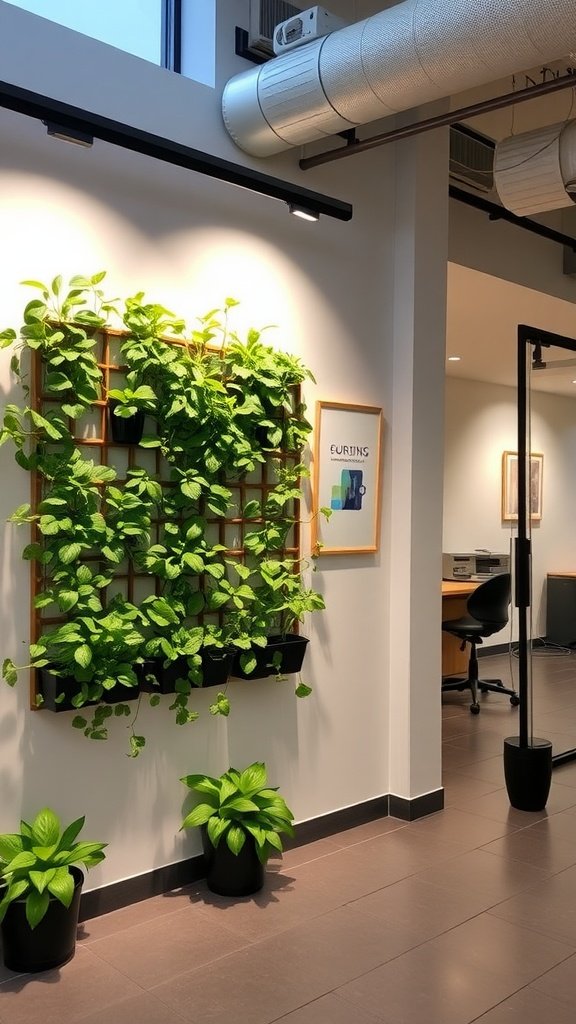 Indoor vertical garden with lush green plants on a wall, enhancing the aesthetics of the room.