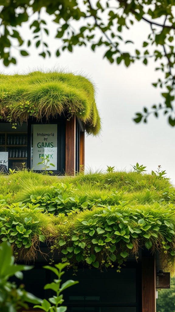 A building featuring a lush green roof filled with grass and plants.