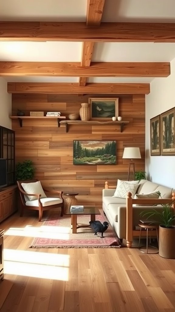 A cozy living room featuring reclaimed wood accents, with wooden beams and paneling, a comfortable sofa, and a warm atmosphere.