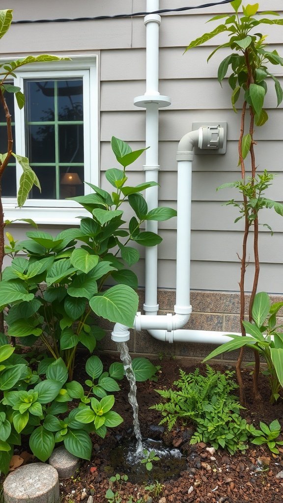 A greywater system with white pipes directing used water into a garden, surrounded by green plants.