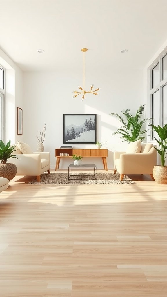 Bright and inviting living room with light wood flooring and plants.