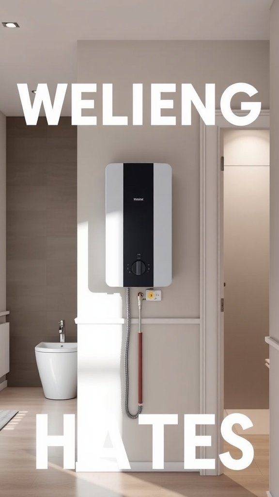 A modern tankless water heater mounted on a wall in a bathroom setting.