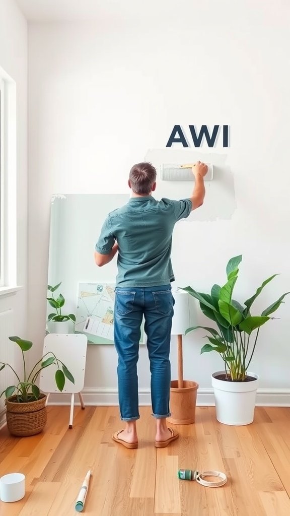 Person painting a wall with low-VOC paint in a bright and airy room