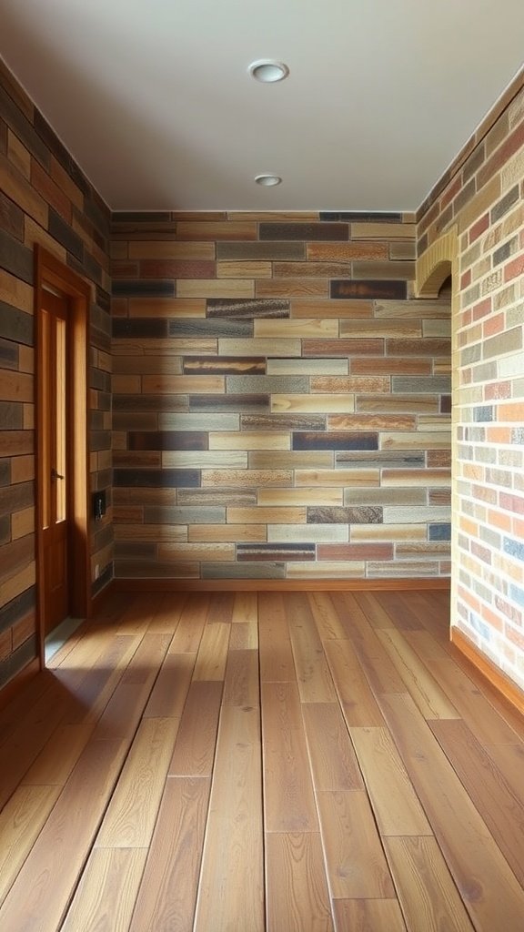 Interior view showcasing walls made of recycled wood and brick materials, highlighting a cozy and eco-friendly design.