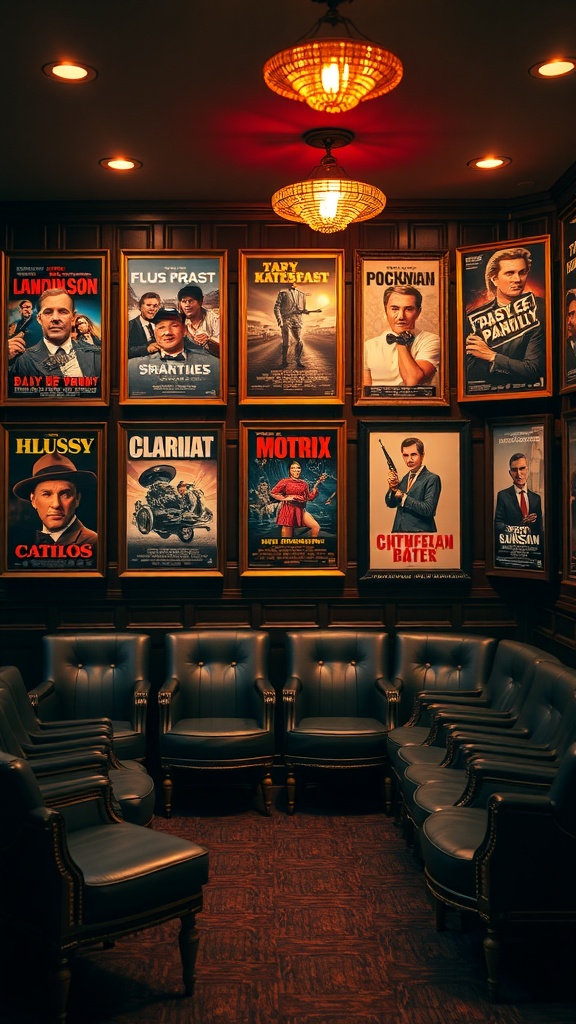A cozy room featuring classic movie posters on the walls and leather chairs arranged for seating.